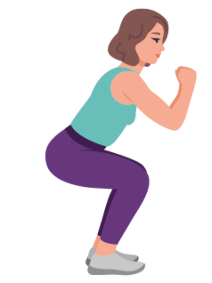 Illustration einer Frau mit kurzen braunen Haaren, die ein blaugrünes Tank-Top, eine lila Hose und graue Schuhe trägt und eine Hocke mit angewinkelten Armen ausführt.