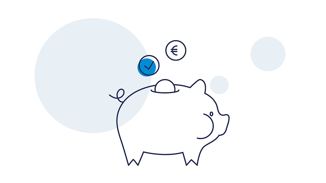 Minimalistische Illustration eines Sparschweins mit Münzschlitz, einer Häkchenmünze und einer Euromünze darüber sowie abstrakten blauen Kreisen im Hintergrund.
