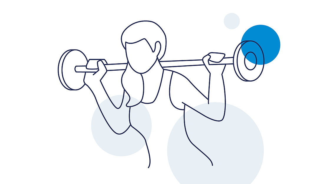Eine einfache Strichzeichnung einer Person, die eine Hantel über ihre Schultern hebt, mit abstrakten blauen und grauen Kreisen im Hintergrund.
