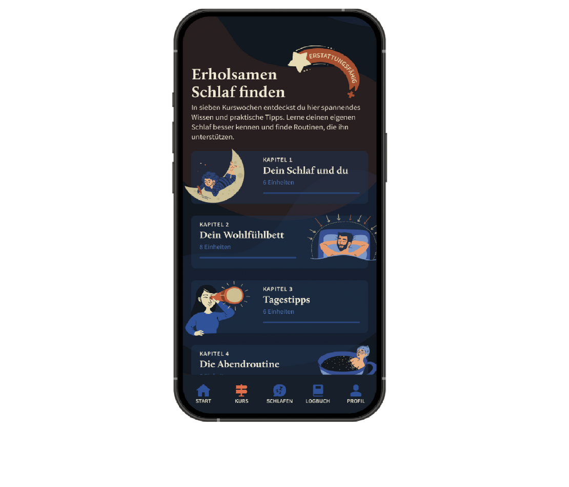 Ein Smartphone zeigt eine deutschsprachige App-Oberfläche zur Schlafverbesserung mit den Abschnitten „Dein Wohlbefinden“, „Dein Schlaf und du“, „Tippentipps“ und „Die Abendroutine“ mit Illustrationen an.