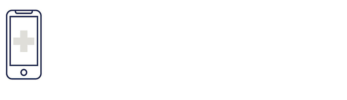 Eine einfache Strichzeichnung eines Smartphones, auf dessen Bildschirm ein medizinisches Kreuzsymbol angezeigt wird, zentriert auf einem weißen Hintergrund.