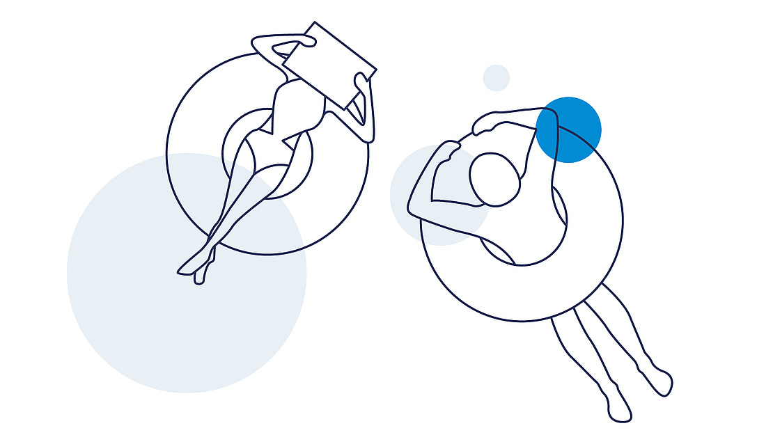Zwei Personen treiben auf Schwimmreifen. Eine Person liest ein Buch und liegt dabei zurückgelehnt, die andere entspannt mit verschränkten Armen. Die Illustration ist minimalistisch und mit blauen Akzenten gestaltet.