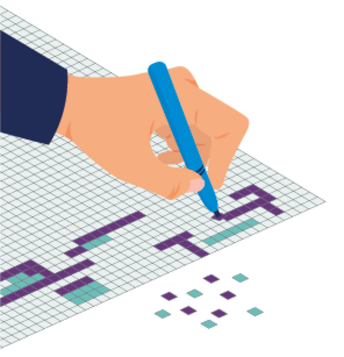 Illustration einer Hand, die einen blauen Stift hält und Quadrate in einem Gitterrätsel oder -spiel, wie z. B. einem Kreuzworträtsel oder Nonogramm, ausfüllt, wobei lila und blaue Kästchen auf dem Gitter markiert sind.