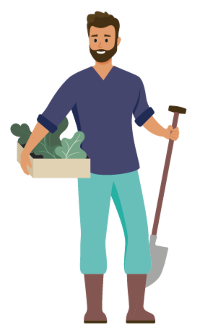 Illustration eines Mannes mit Bart, der in der einen Hand eine Kiste mit Blattgemüse und in der anderen eine Schaufel hält. Er trägt ein blaues Hemd, eine blaugrüne Hose und braune Stiefel.