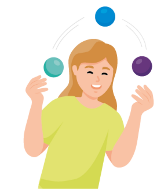 Illustration einer lächelnden Person mit langem, hellbraunem Haar, die drei bunte Bälle - blau, türkis und lila - vor einem schlichten Hintergrund jongliert.
