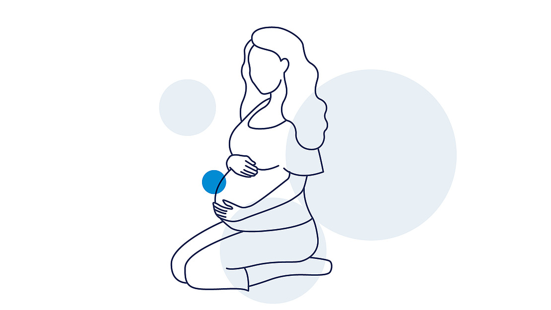 Strichzeichnung einer schwangeren Frau mit langen Haaren, die auf den Knien sitzt und ihren Bauch mit beiden Händen hält. Im Hintergrund sind hellblaue Kreise zu sehen.